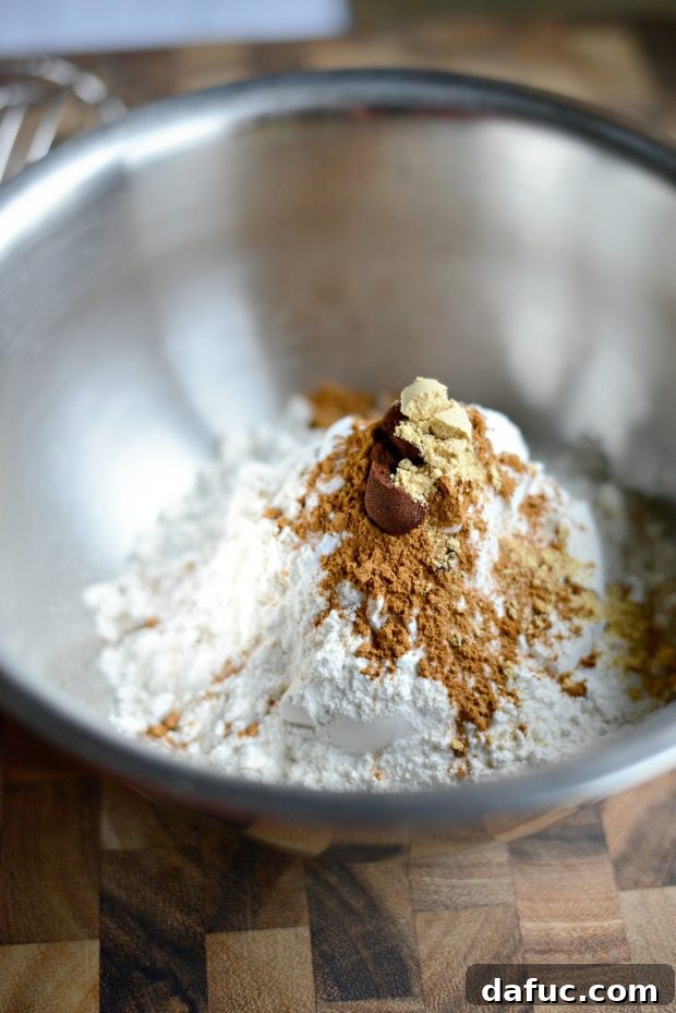 Golden Molasses Chews 4 Whisking together flour, baking soda, cinnamon, ginger, and ground clove in a bowl.