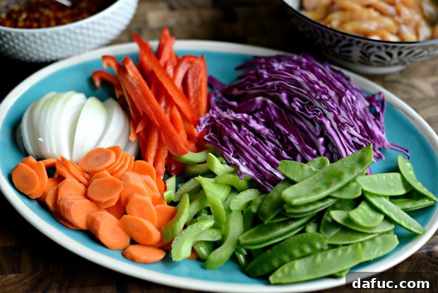 Assorted sliced vegetables for Rainbow Vegetable Stir-fry