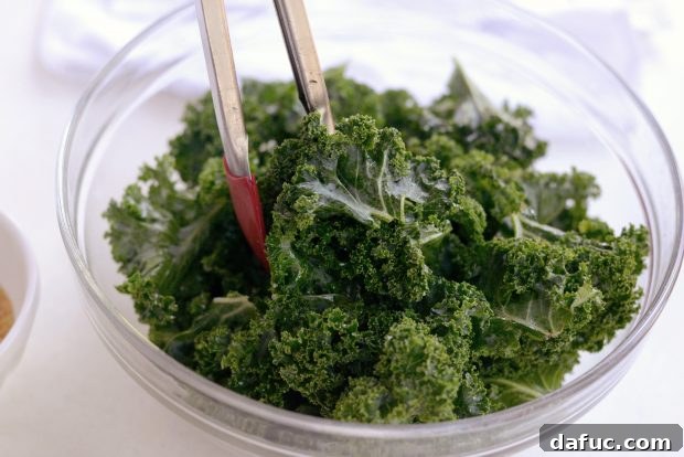 Crunchy Sriracha Garlic Kale Crisps 12 Drizzling Olive Oil on Kale for Dehydrated Chips