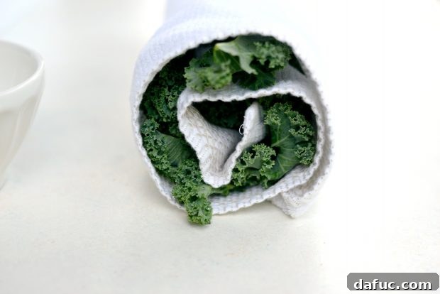 Crunchy Sriracha Garlic Kale Crisps 5 Washing and Drying Kale for Sriracha Garlic Kale Chips
