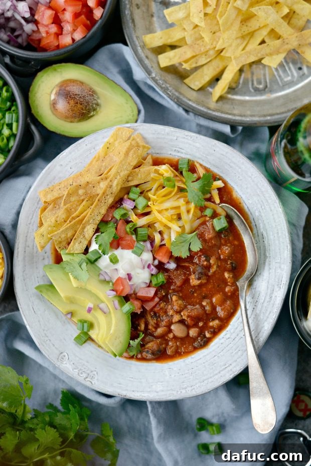 A bowl of Turkey Taco Beer Chili ready to be served