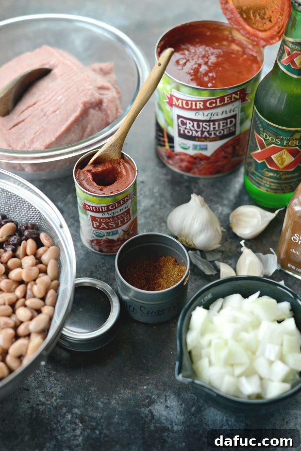 Ingredients laid out for Turkey Taco Beer Chili