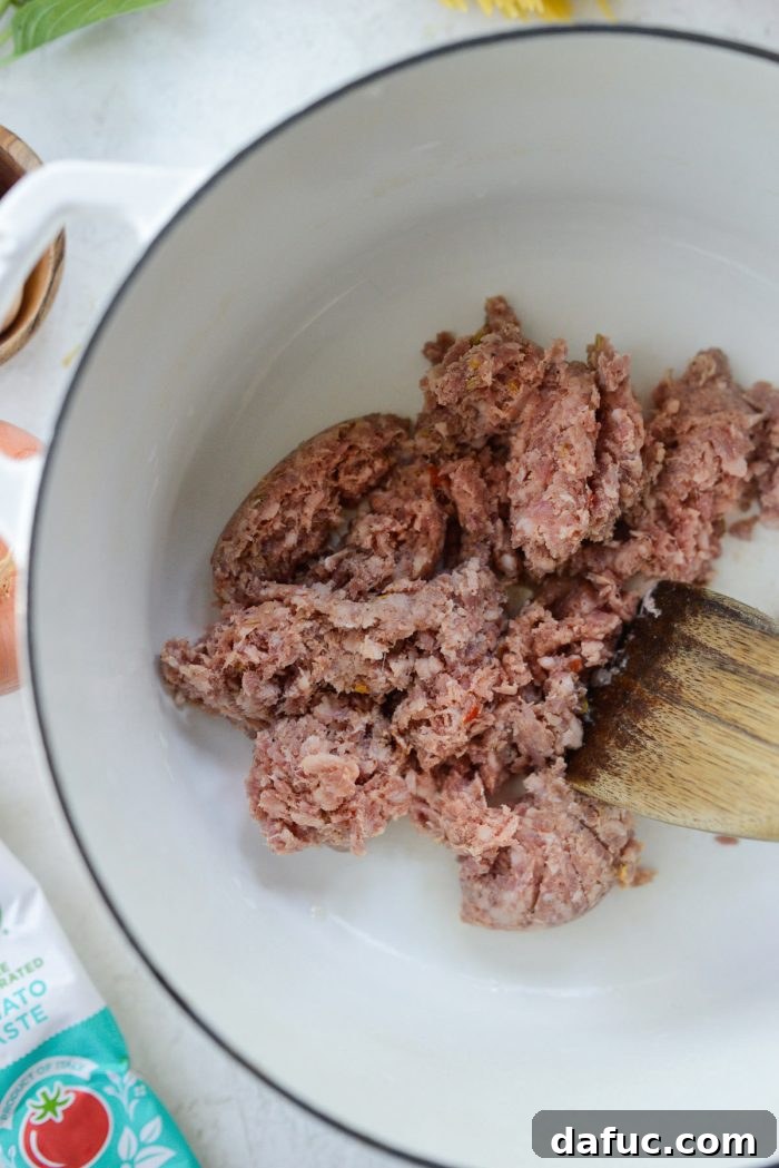 Effortless One-Pan Spaghetti 5 italian sausage in dutch oven