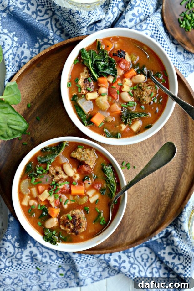 A large bowl of Italian Turkey Meatball Minestrone Soup, ready to be served.