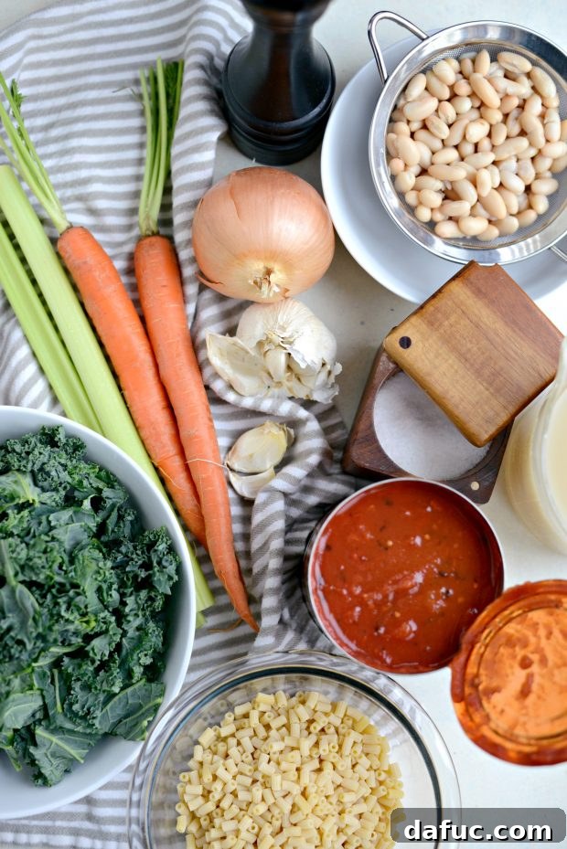 Remaining ingredients for Italian Turkey Meatball Minestrone Soup, including fresh vegetables, canned tomatoes, and beans.