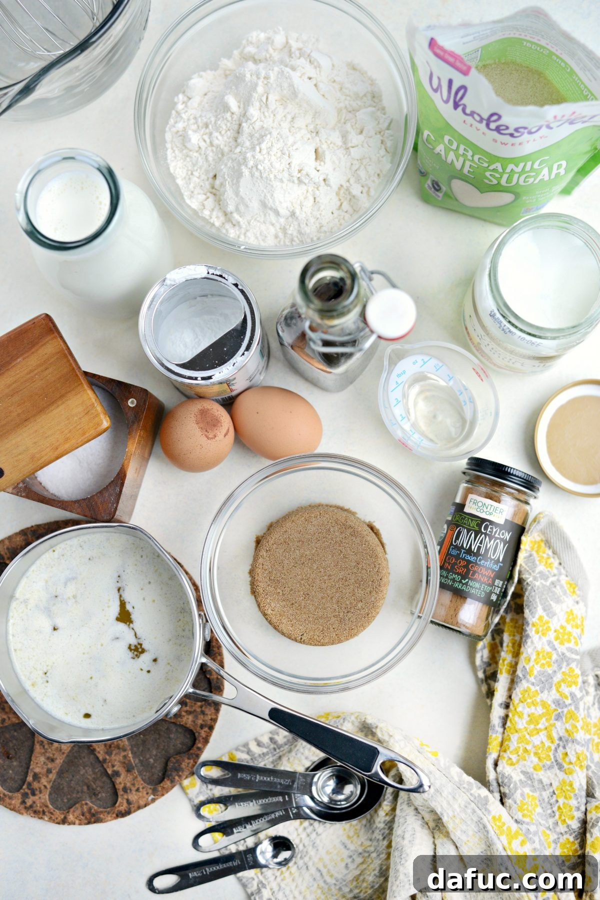 Dreamy Cinnamon Swirl Stacks 4 Cinnamon Swirl Pancakes ingredients laid out on a counter