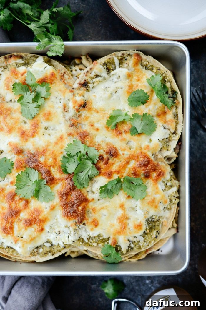 Green Chile Chicken Tortilla Bake 2 Salsa Verde Chicken Tortilla Casserole bubbling in a baking dish