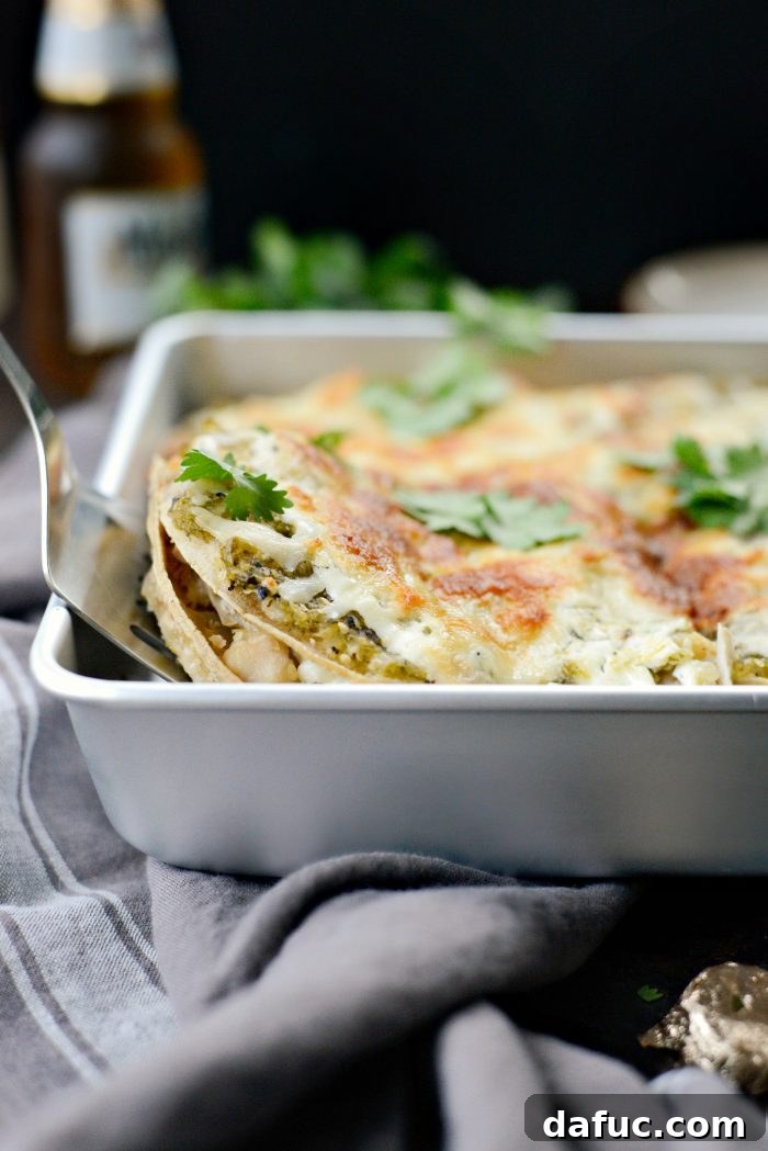 Green Chile Chicken Tortilla Bake 15 Serving portion of Salsa Verde Chicken Tortilla Casserole with fresh cilantro