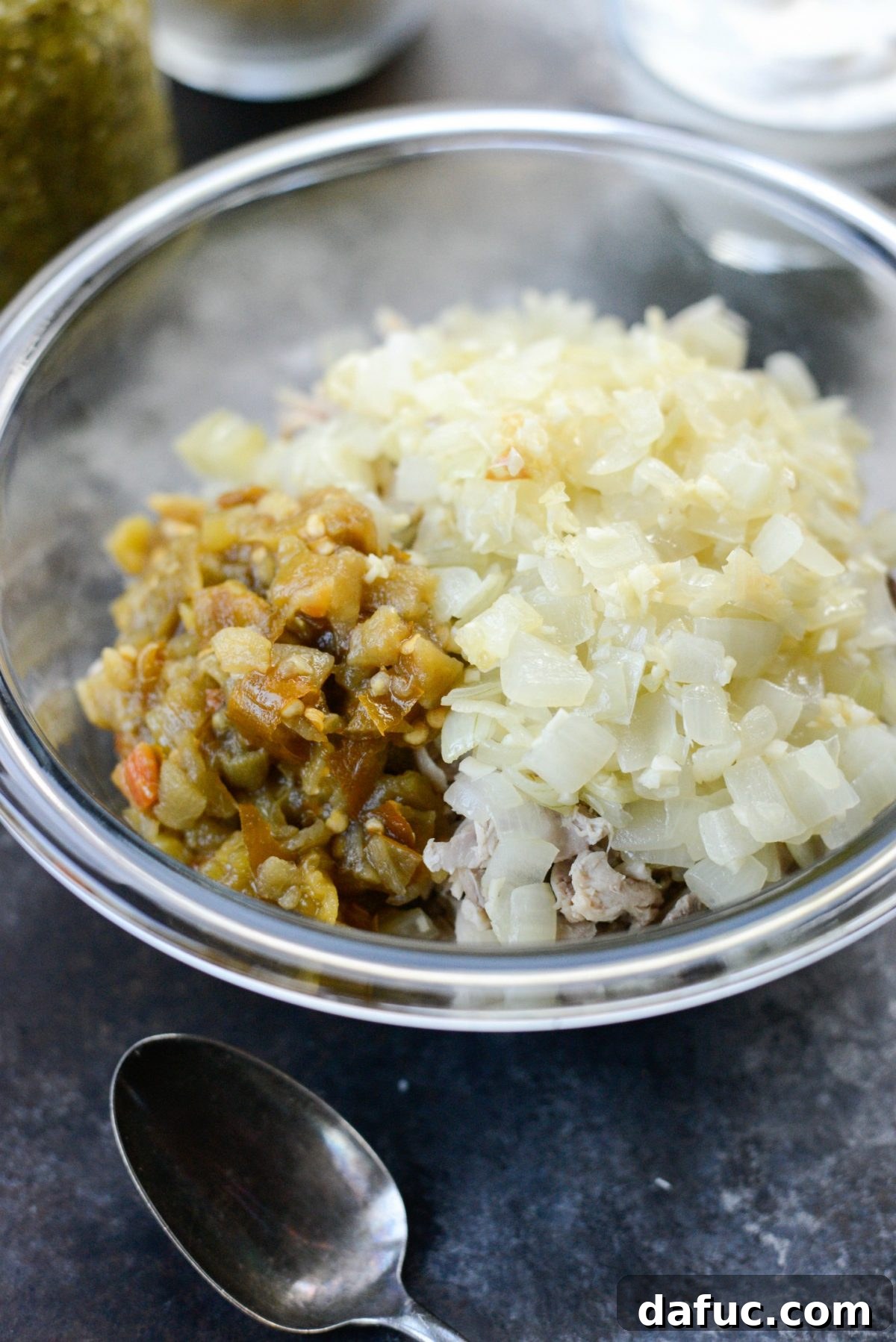 Green Chile Chicken Tortilla Bake 5 Sautéed onions and garlic with green chiles for chicken casserole