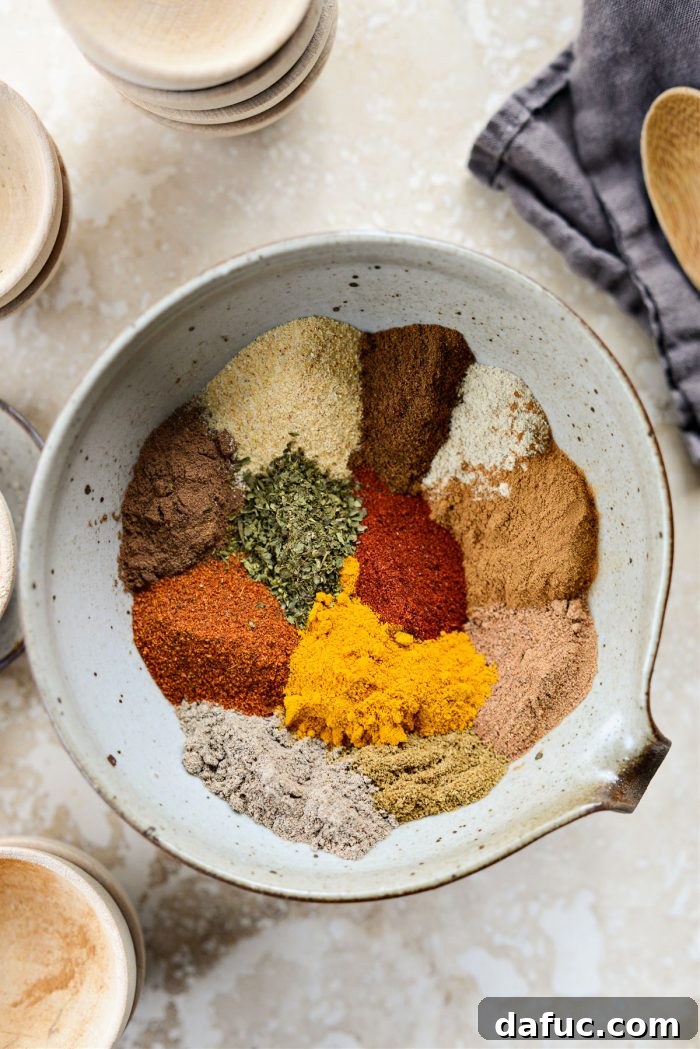 DIY Shawarma Spice Mix 5 Measured portions of the 13 shawarma spices in a bowl, ready to be mixed
