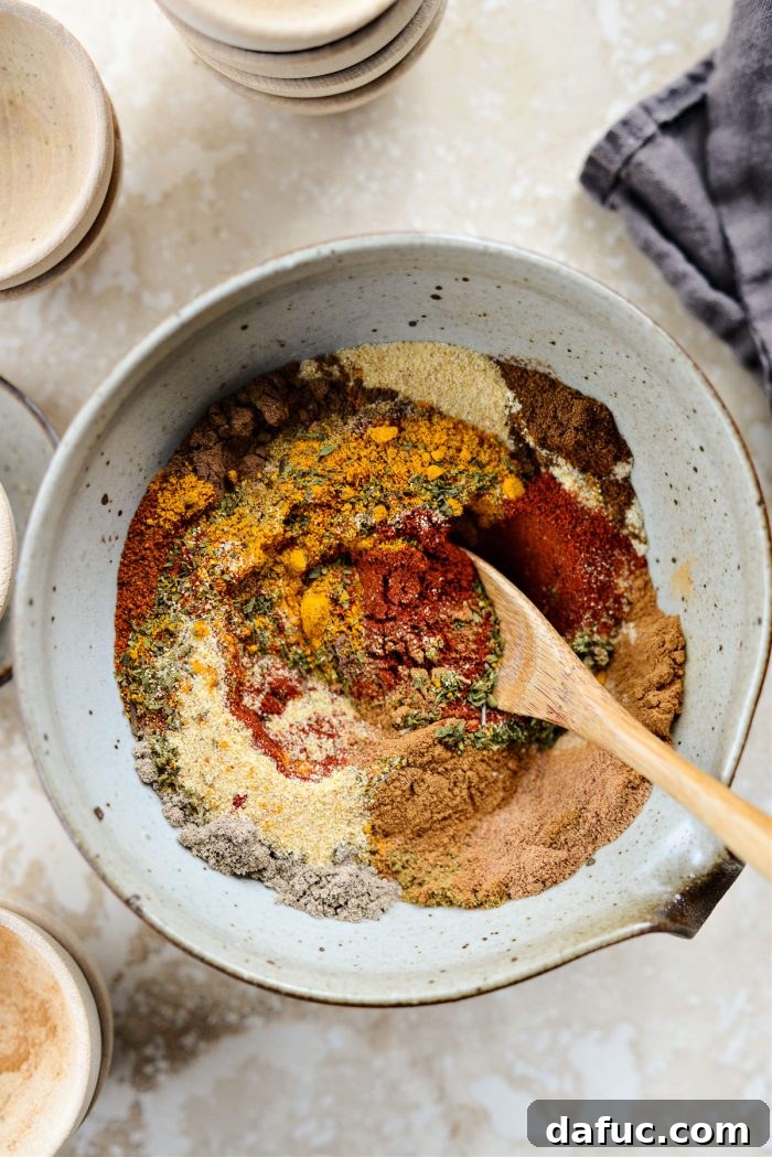 DIY Shawarma Spice Mix 6 A spoon stirring the blend of 13 spices in a bowl to combine them