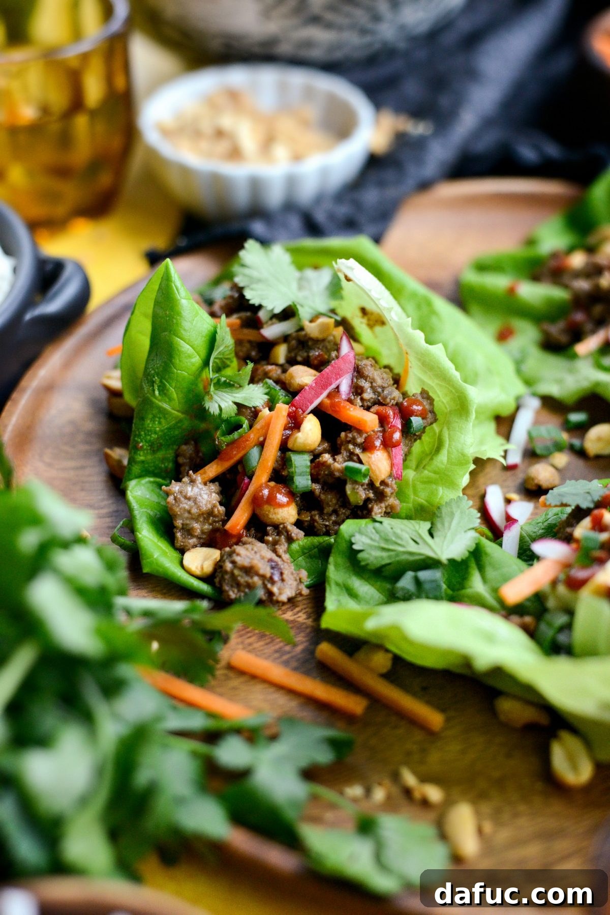 A close-up view of the perfectly prepared Ginger Beef Lettuce Wraps.