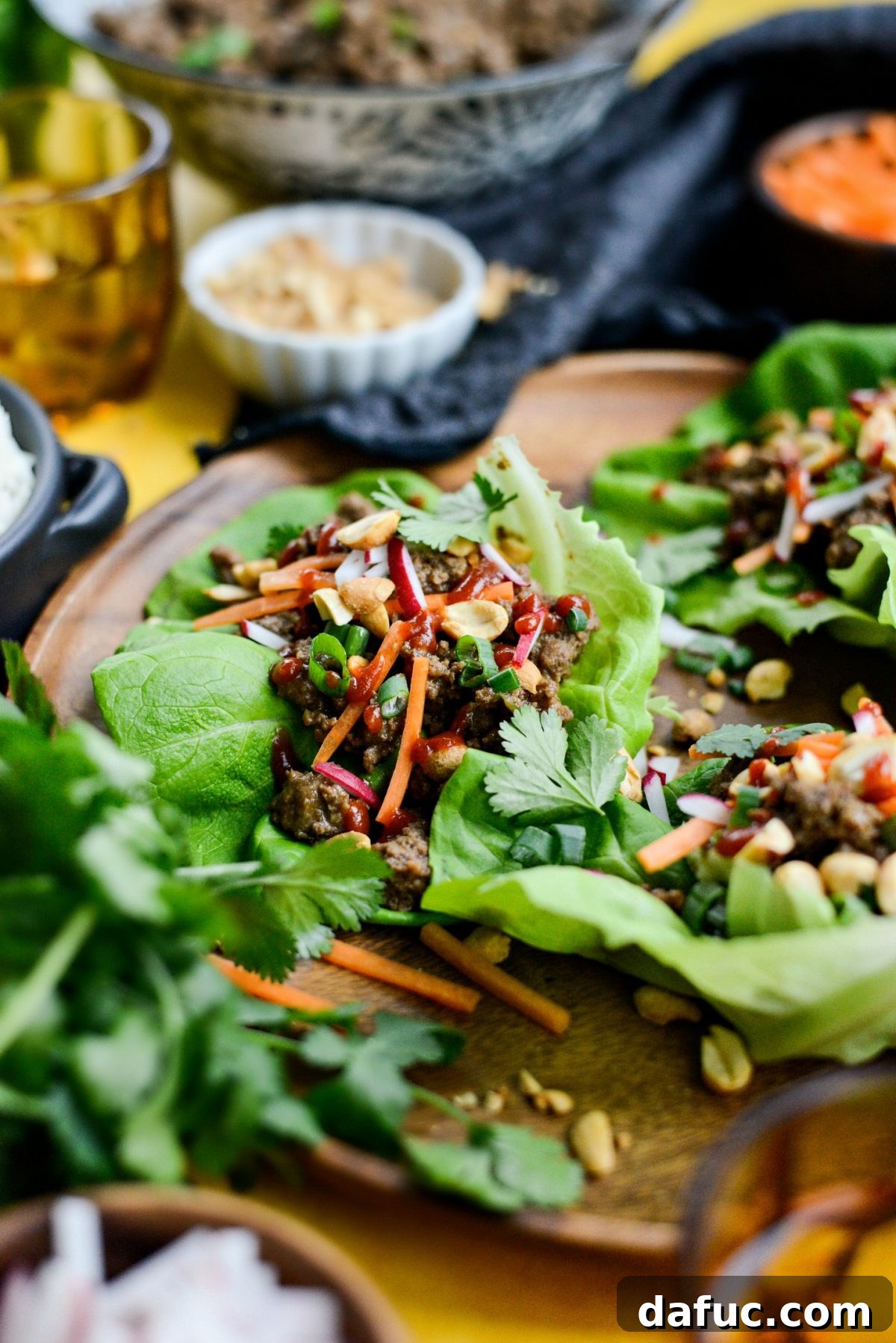 An appetizing close-up of a Ginger Beef Lettuce Wrap.