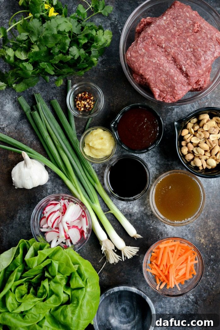 A selection of fresh ingredients for the homemade Ginger Beef Lettuce Wraps recipe.