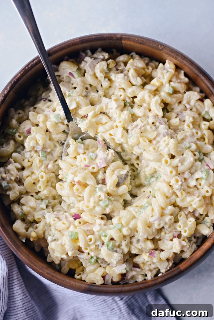 Delicious Classic Tuna Macaroni Salad ready to be served at a summer cookout
