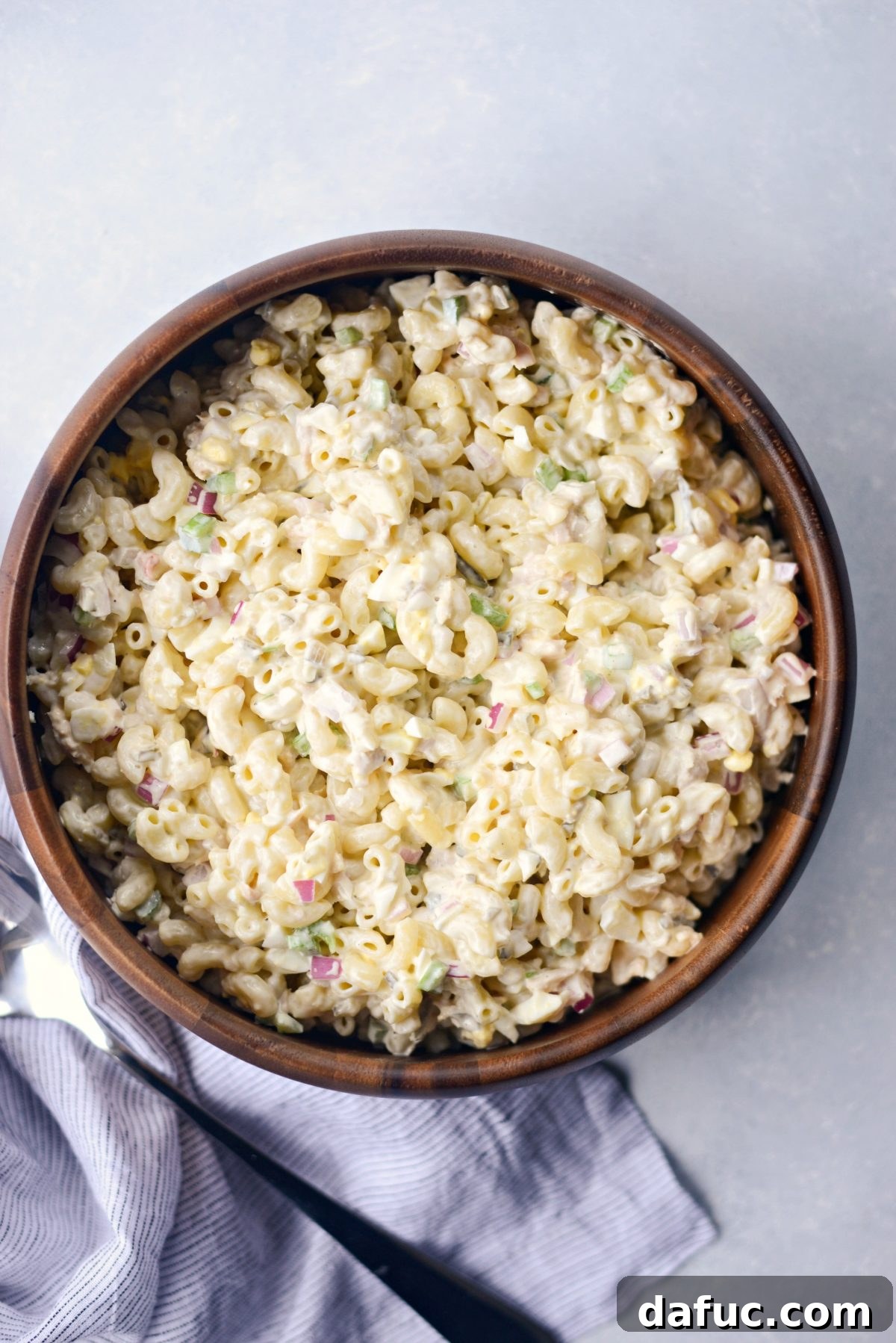 Beautifully presented Classic Tuna Macaroni Salad in a serving bowl
