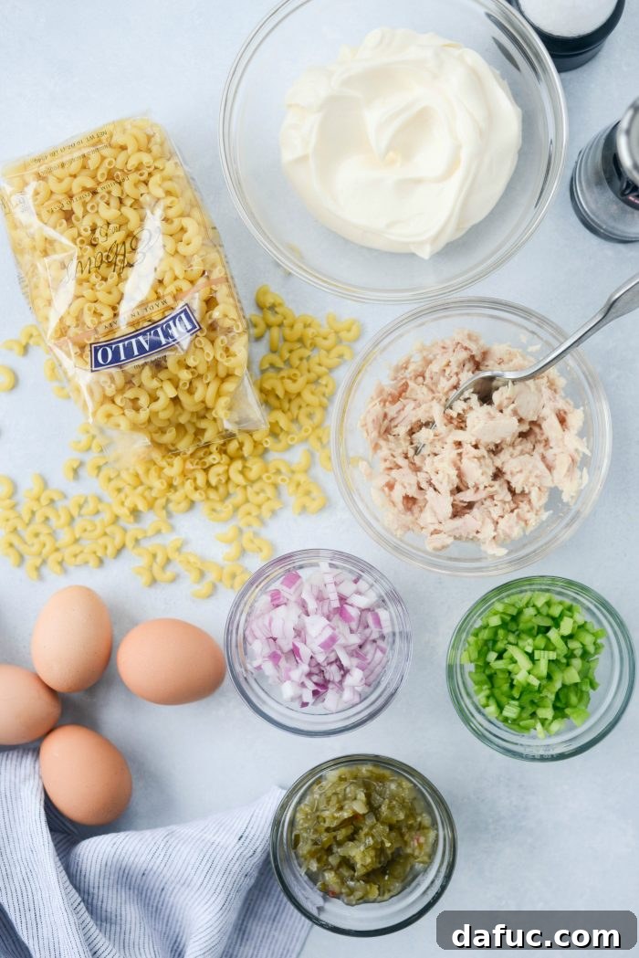 Ingredients laid out for making Classic Tuna Macaroni Salad