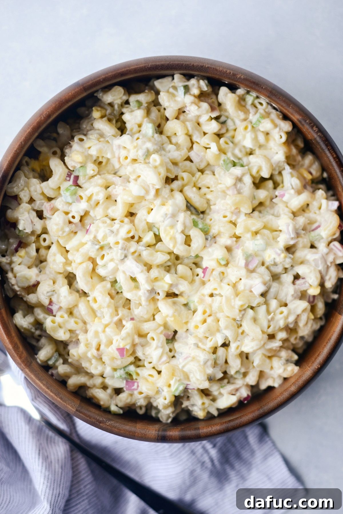 Close-up of the Classic Tuna Macaroni Salad, perfectly mixed and ready to chill