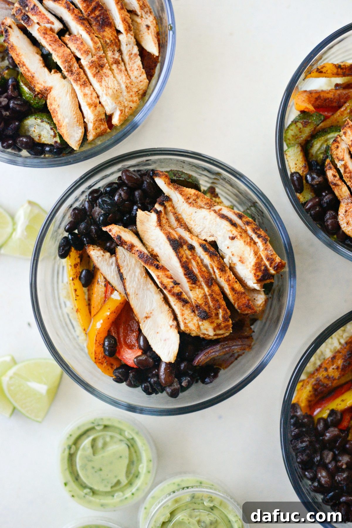 Vibrant Fajita Chicken Quinoa Prep Bowls 2 Delicious and Healthy Fajita Chicken and Vegetable Quinoa Bowls with creamy avocado dressing