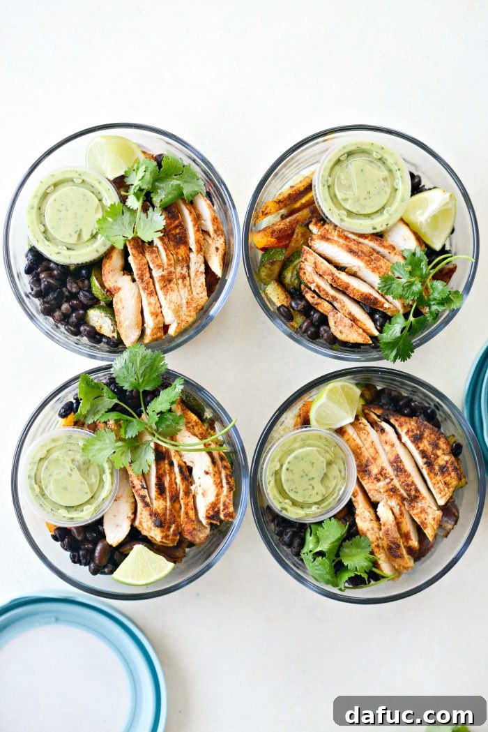 Vibrant Fajita Chicken Quinoa Prep Bowls 3 Fajita Chicken and Vegetable Quinoa Bowls prepared for meal prepping