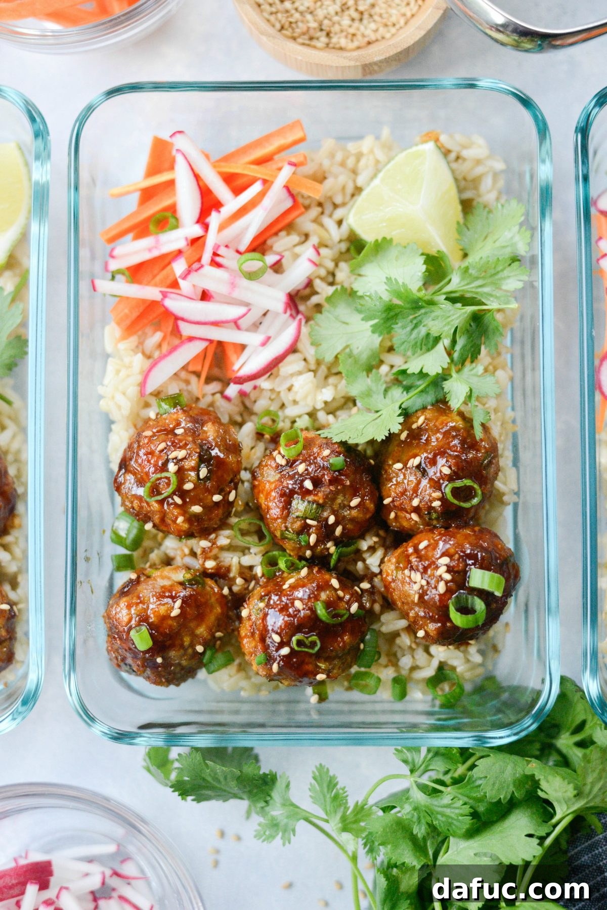 Close-up of glazed Maple Sriracha Meatballs in the pan