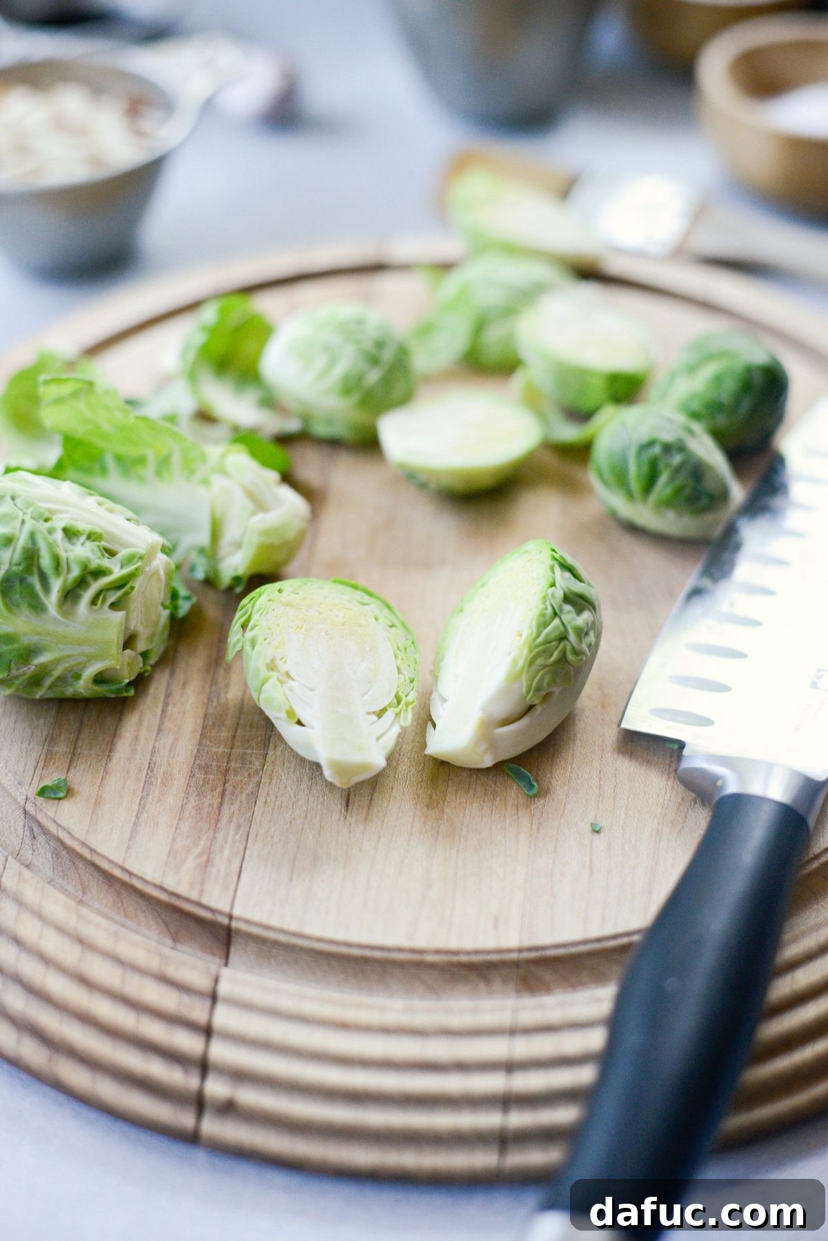 Step-by-step: trimming and halving Brussels sprouts for grilling