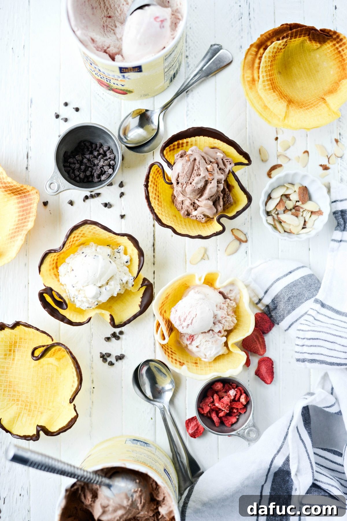 Homemade Ice Cream Waffle Bowls filled with ice cream