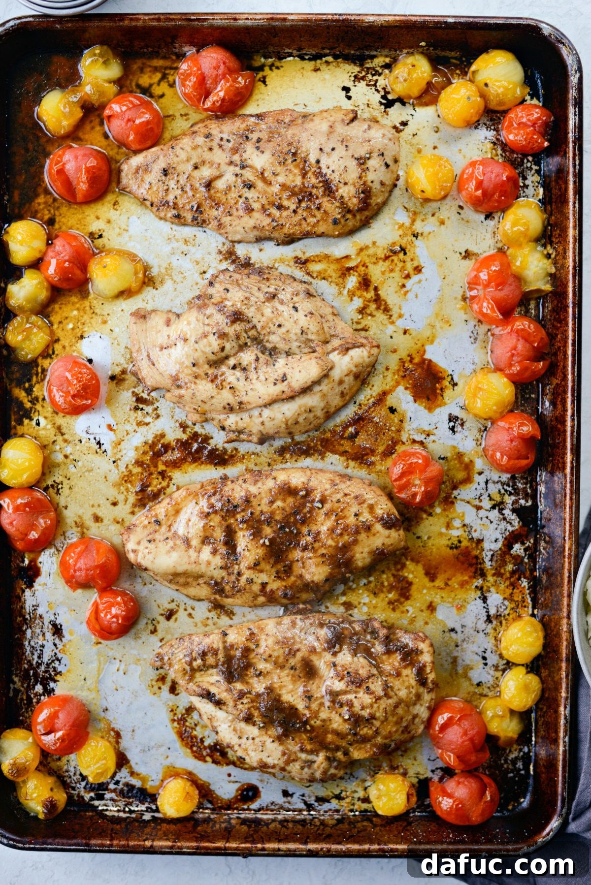 Freshly baked sheet pan chicken and tomatoes