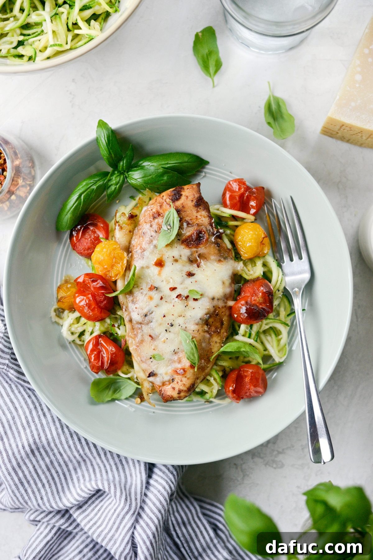 Plated Sheet Pan Balsamic Basil Chicken with Burst Tomatoes