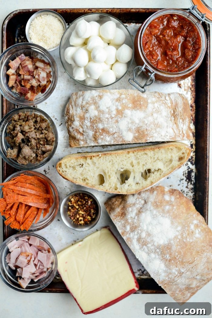 Meat Lovers Ciabatta Pizzas with Mozzarella Bombs ingredients
