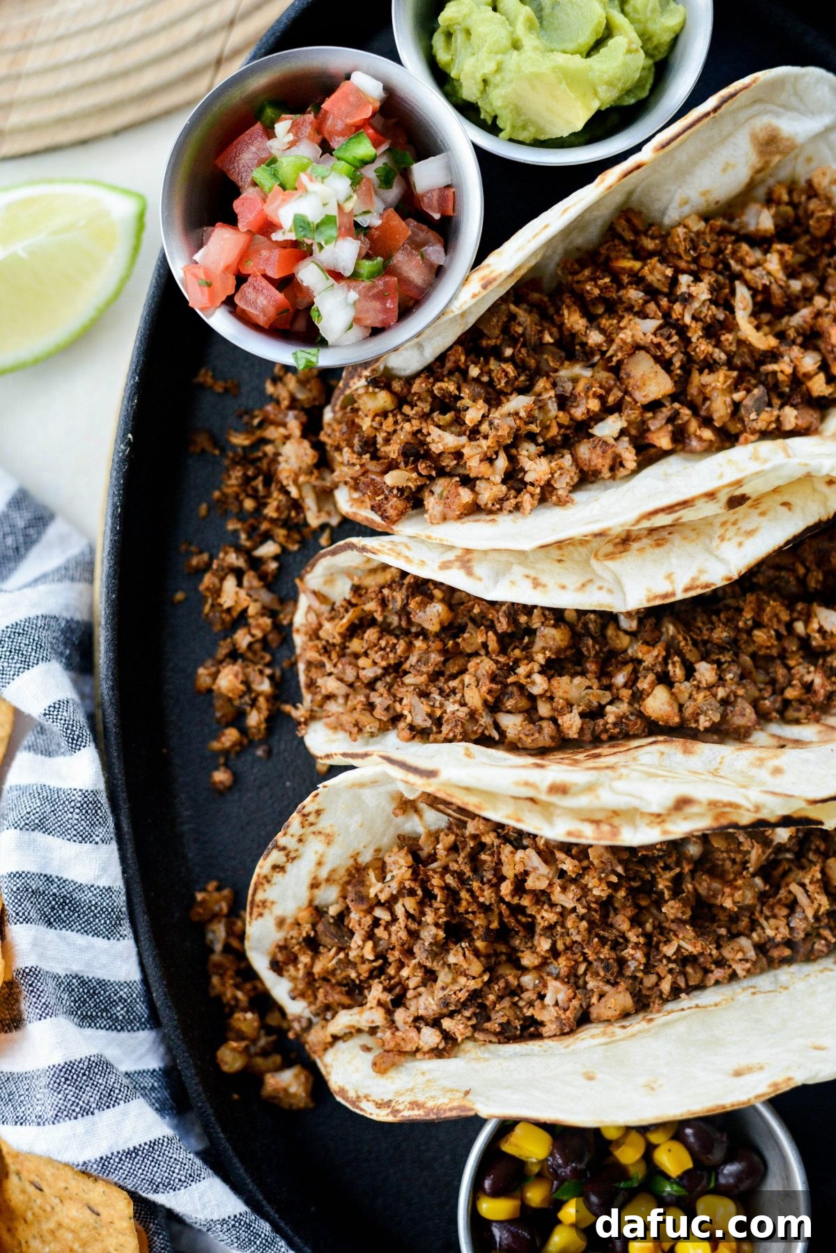 Spiced Cauliflower Taco Crumble 15 Soft tacos generously filled with Vegan Cauliflower Taco Meat