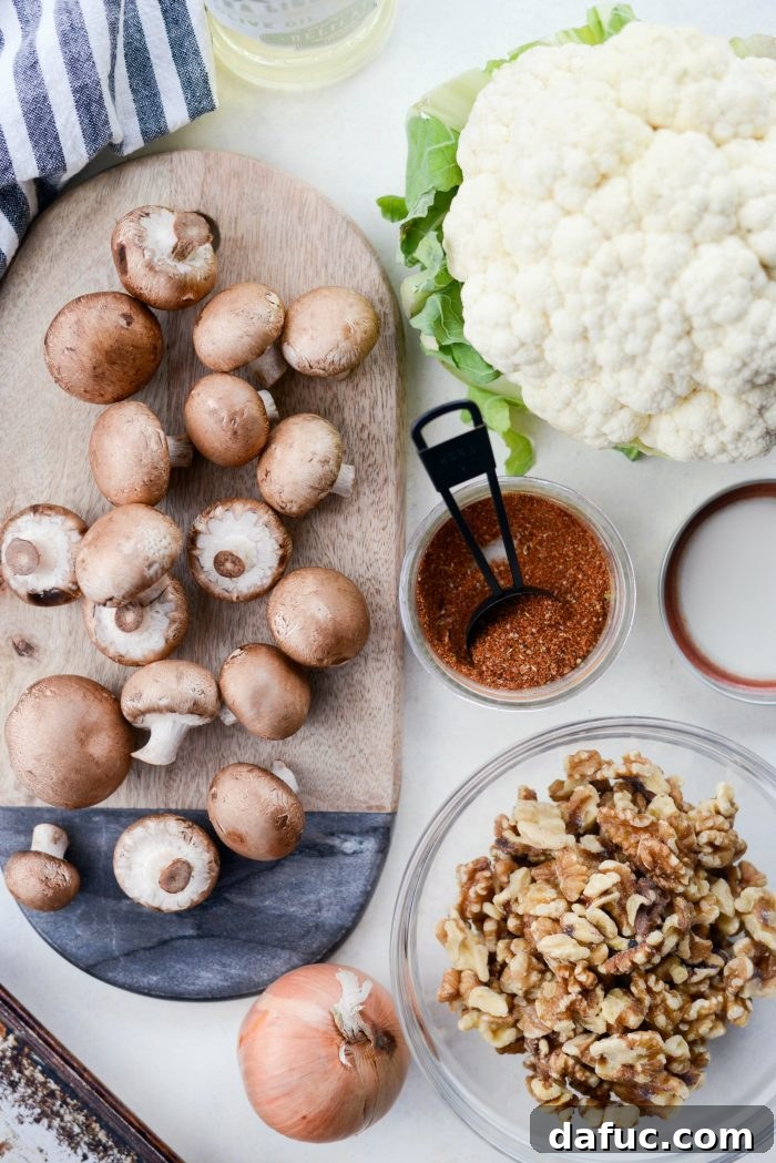Spiced Cauliflower Taco Crumble 4 Ingredients for homemade Vegan Cauliflower Taco Meat laid out