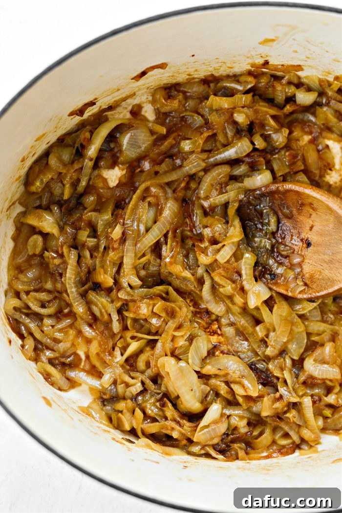 Creamy French Onion Chowder 9 Close-up of perfectly caramelized onions in a pot