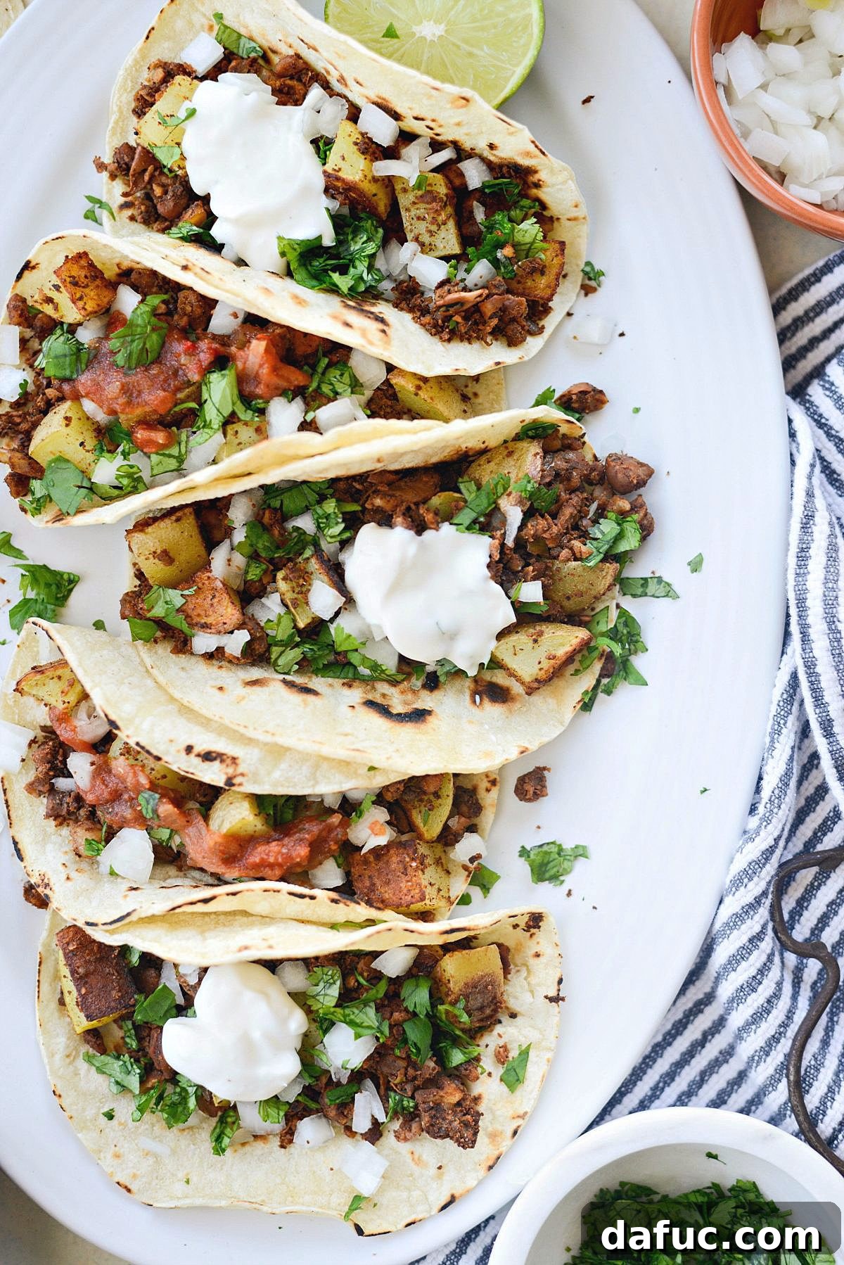 Vegan Chorizo and Crispy Potato Tacos l SimplyScratch.com close up platter