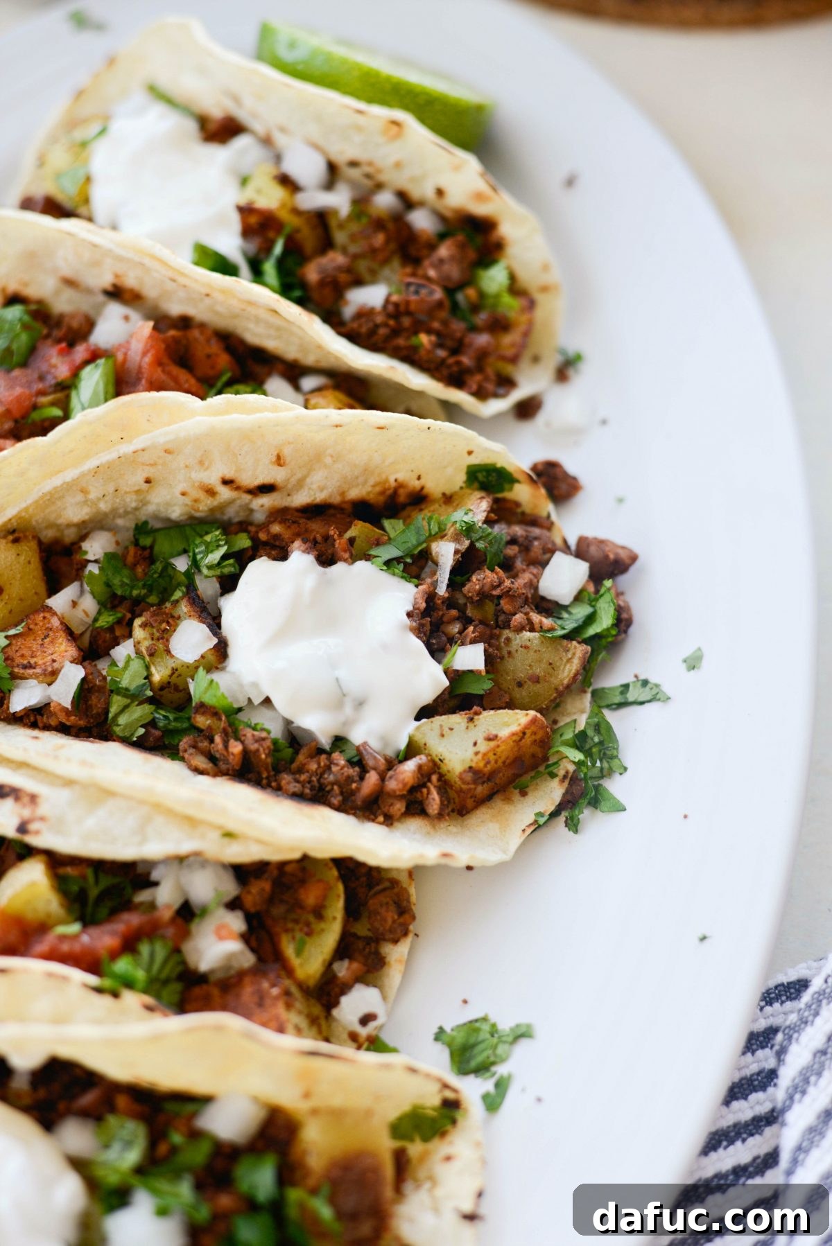 Vegan Chorizo and Crispy Potato Tacos platter.