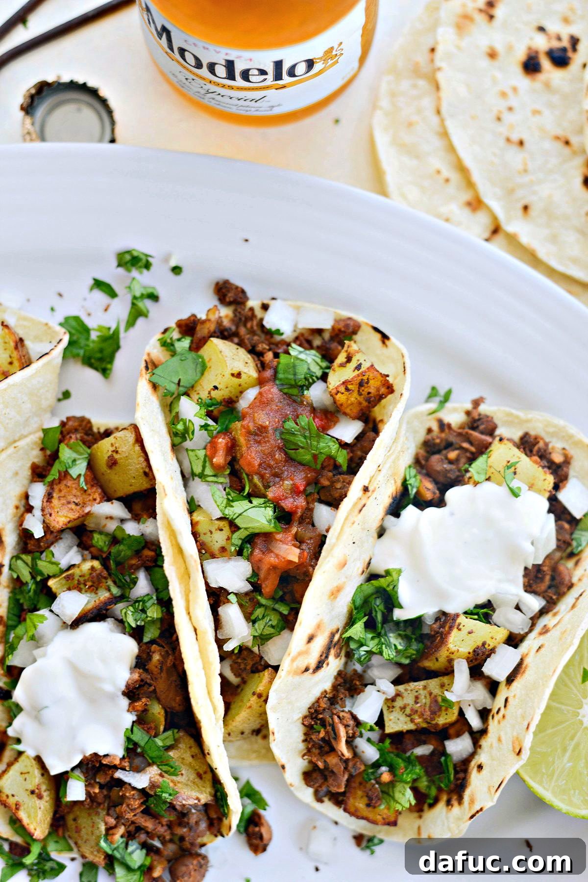 Vegan Chorizo and Crispy Potato Tacos l SimplyScratch.com with toppings