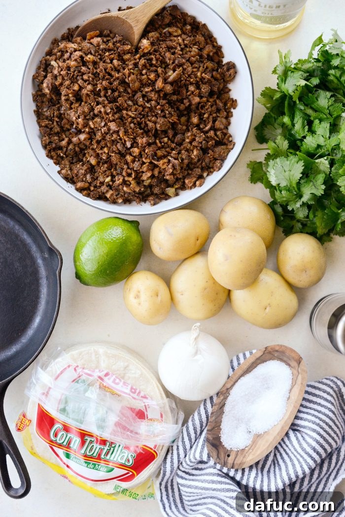Vegan Chorizo and Crispy Potato Tacos ingredients.