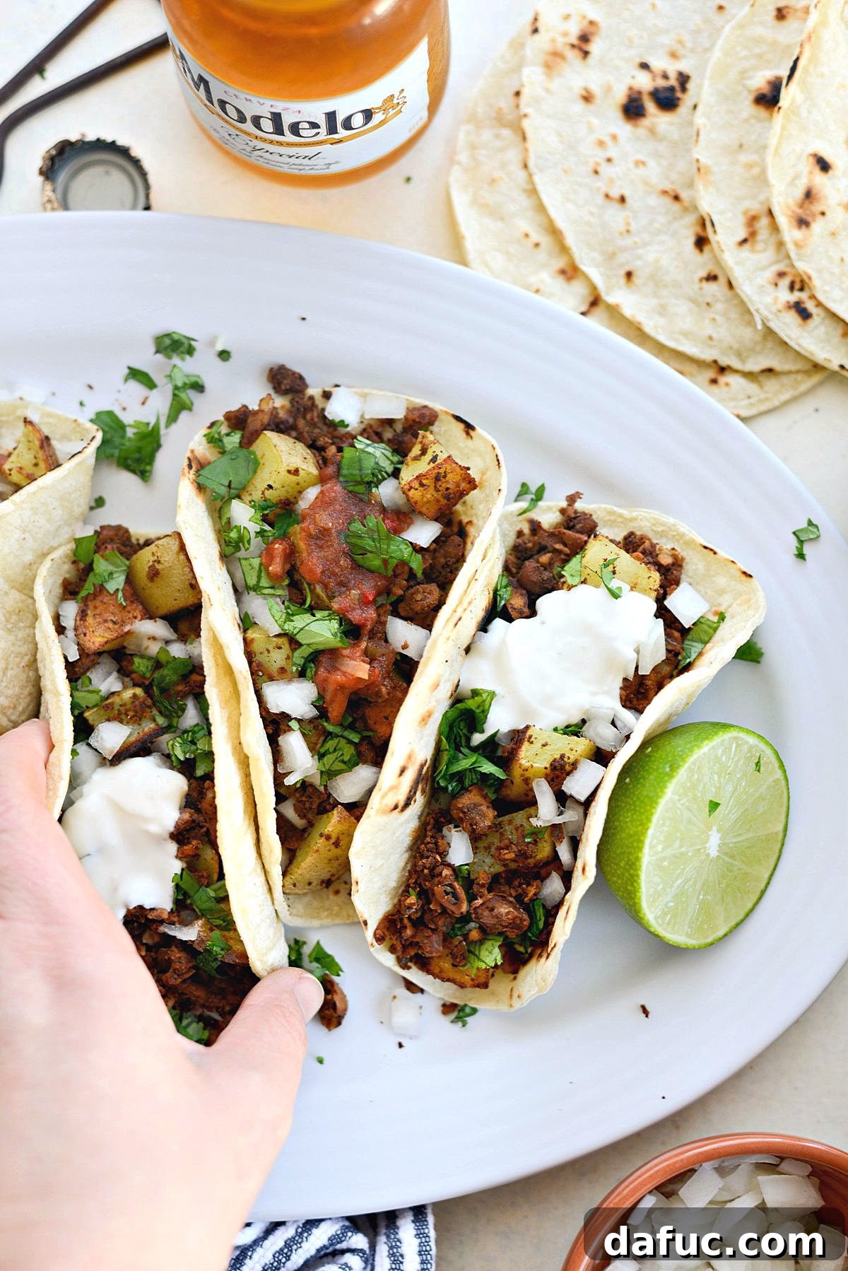 Vegan Chorizo and Crispy Potato Tacos grab
