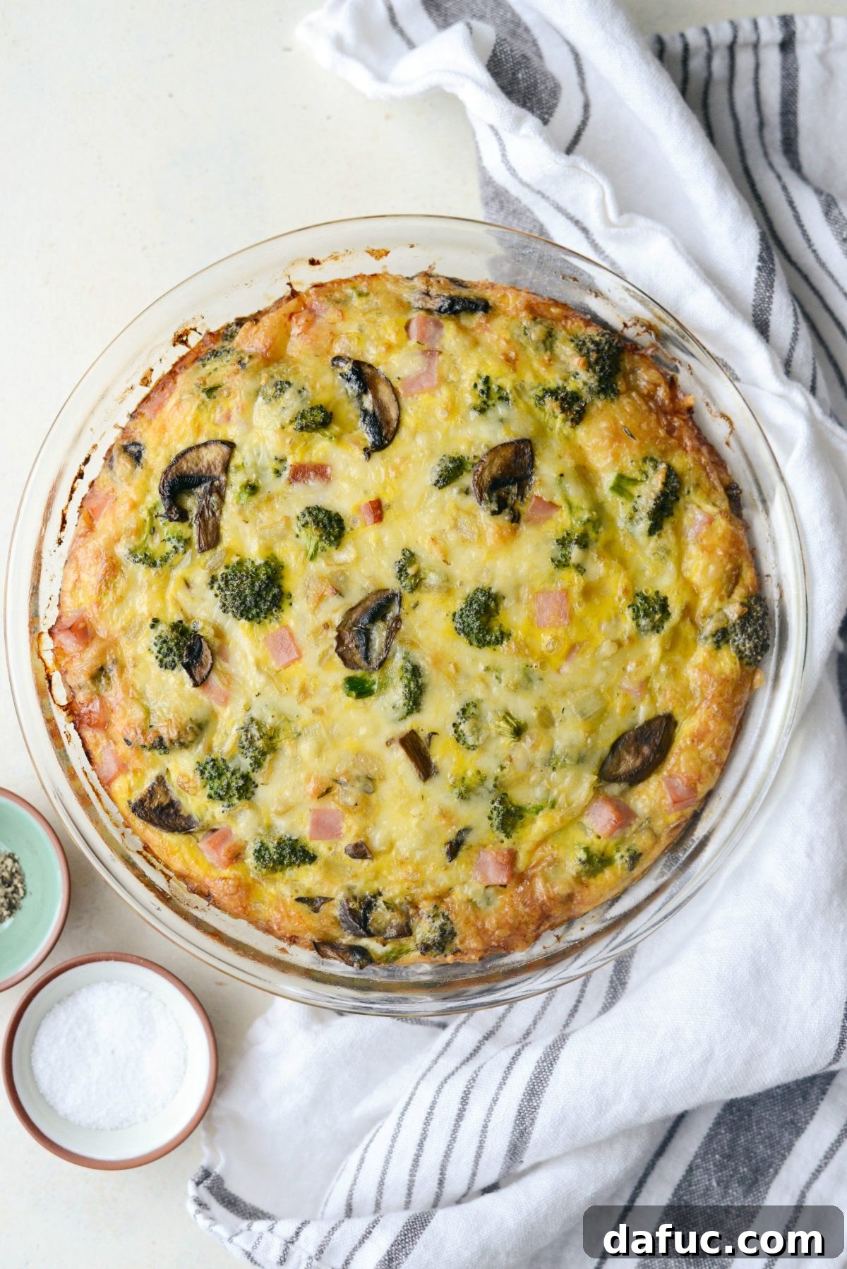 Wholesome Ham, Swiss and Broccoli Quiche 17 Freshly baked Broccoli Ham and Swiss Crustless Quiche, golden and inviting