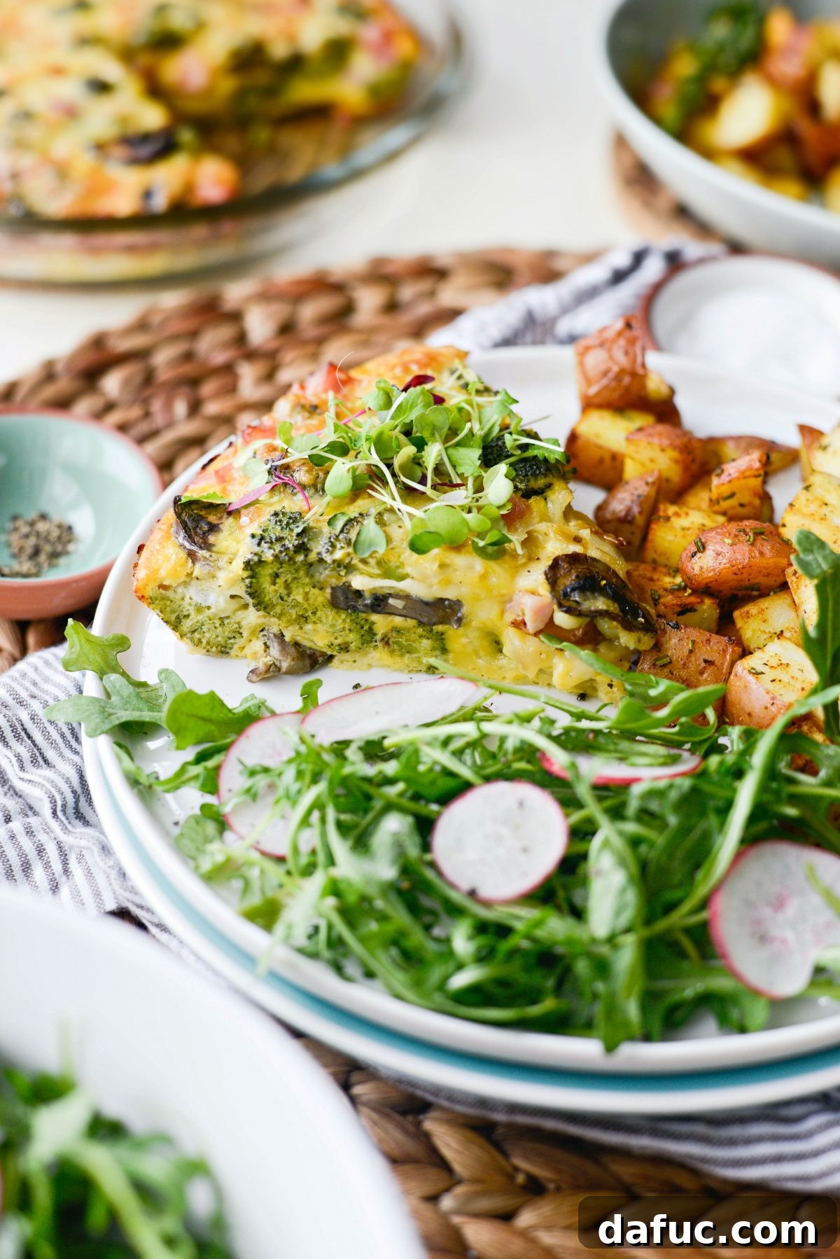 Wholesome Ham, Swiss and Broccoli Quiche 3 A beautifully set table featuring Broccoli Ham and Swiss Crustless Quiche, ideal for brunch gatherings
