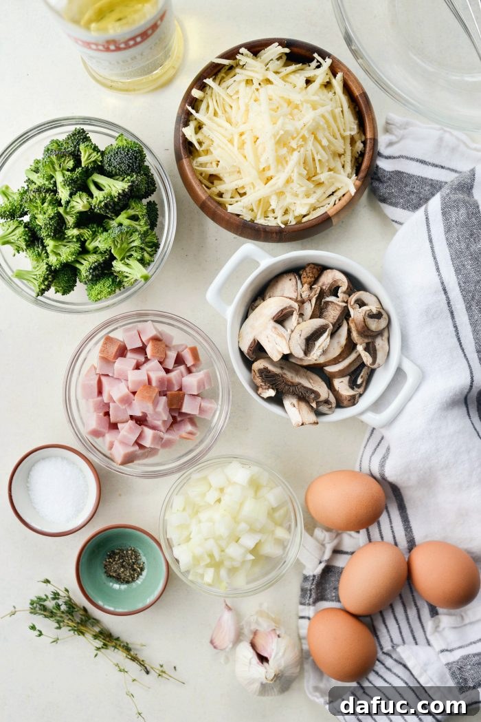 Wholesome Ham, Swiss and Broccoli Quiche 4 Ingredients laid out for preparing a Broccoli Ham and Swiss Crustless Quiche
