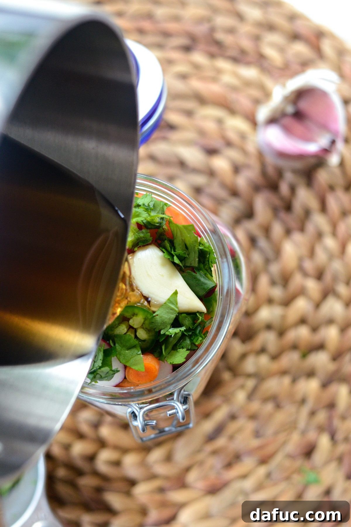Fermented Firecrackers 10 Pouring Cooled Pickling Brine over Vegetables in a Jar