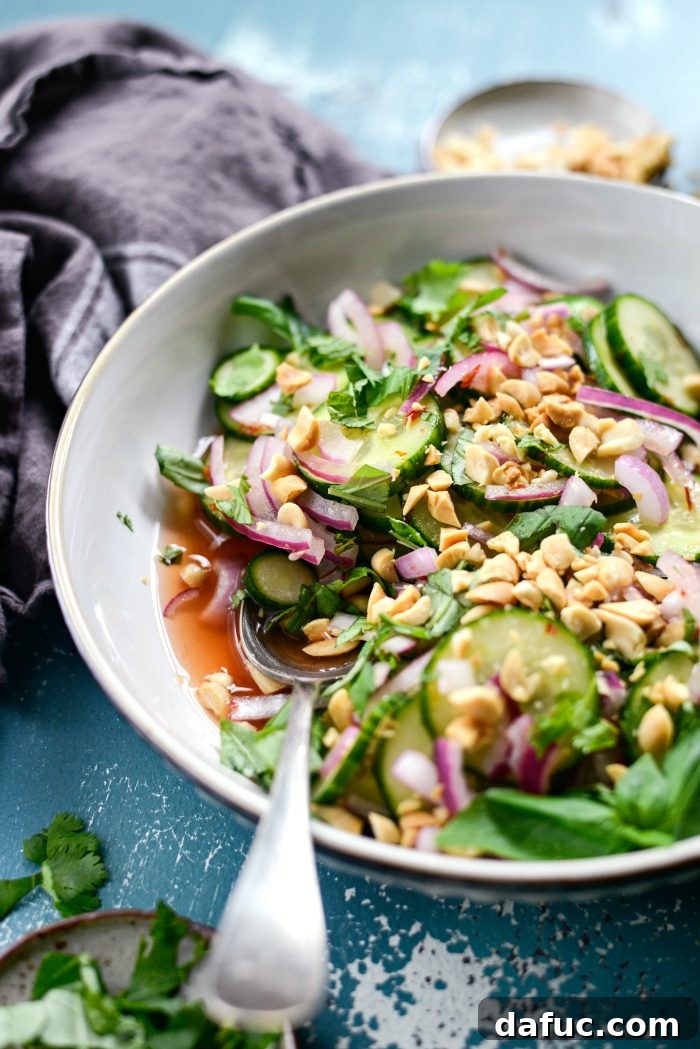 Side view of the beautifully arranged Thai Cucumber Salad