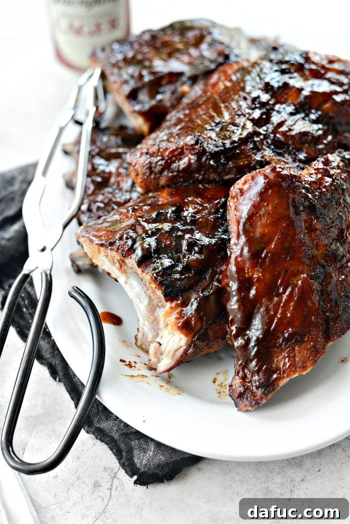 Closeup of beautifully sauced Easy BBQ Baby Back Ribs