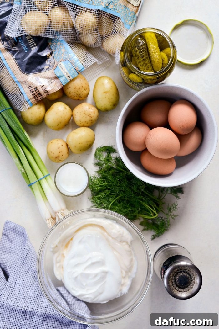 Pucker-Up Potato Salad 4 Overhead view of Dill Pickle Potato Salad in a serving bowl, garnished with fresh dill and chopped hard-boiled eggs.
