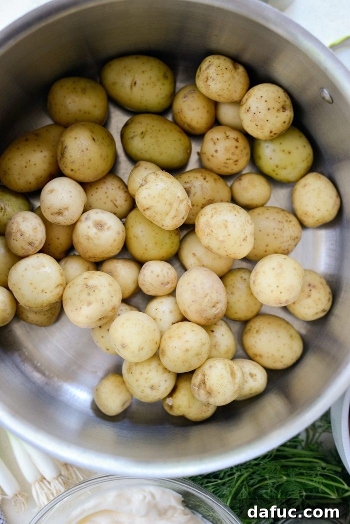 Pucker-Up Potato Salad 5 Fresh ingredients laid out for Dill Pickle Potato Salad preparation, including baby potatoes, dill pickles, and green onions.