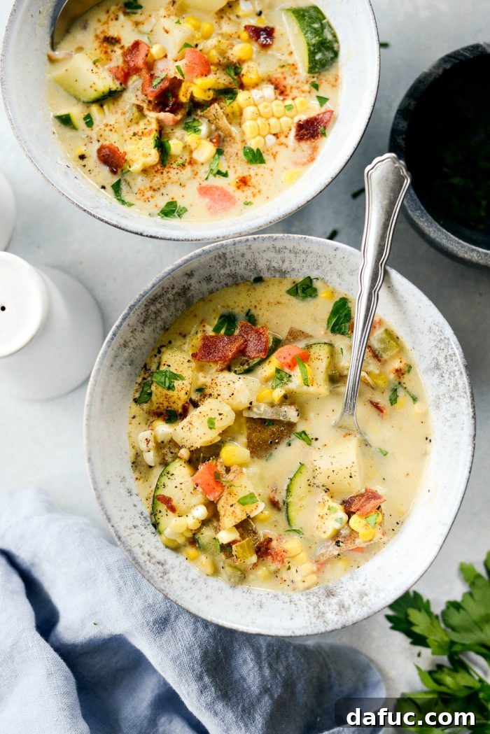 Golden Harvest Corn and Zucchini Chowder 13 A vibrant and appealing image of Summer Corn and Zucchini Chowder, emphasizing its freshness and the rich color of its ingredients.