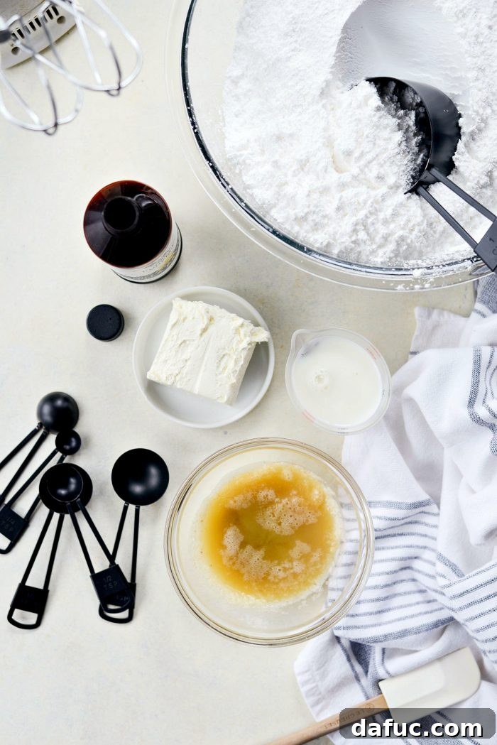 Ingredients for brown butter cream cheese icing.