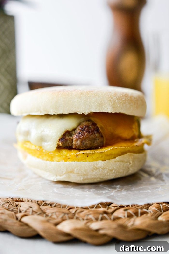 Hearty Sausage Egg and Cheese Breakfast Melts 2 Delicious Sausage Egg and Cheese Breakfast Sandwich on an English muffin