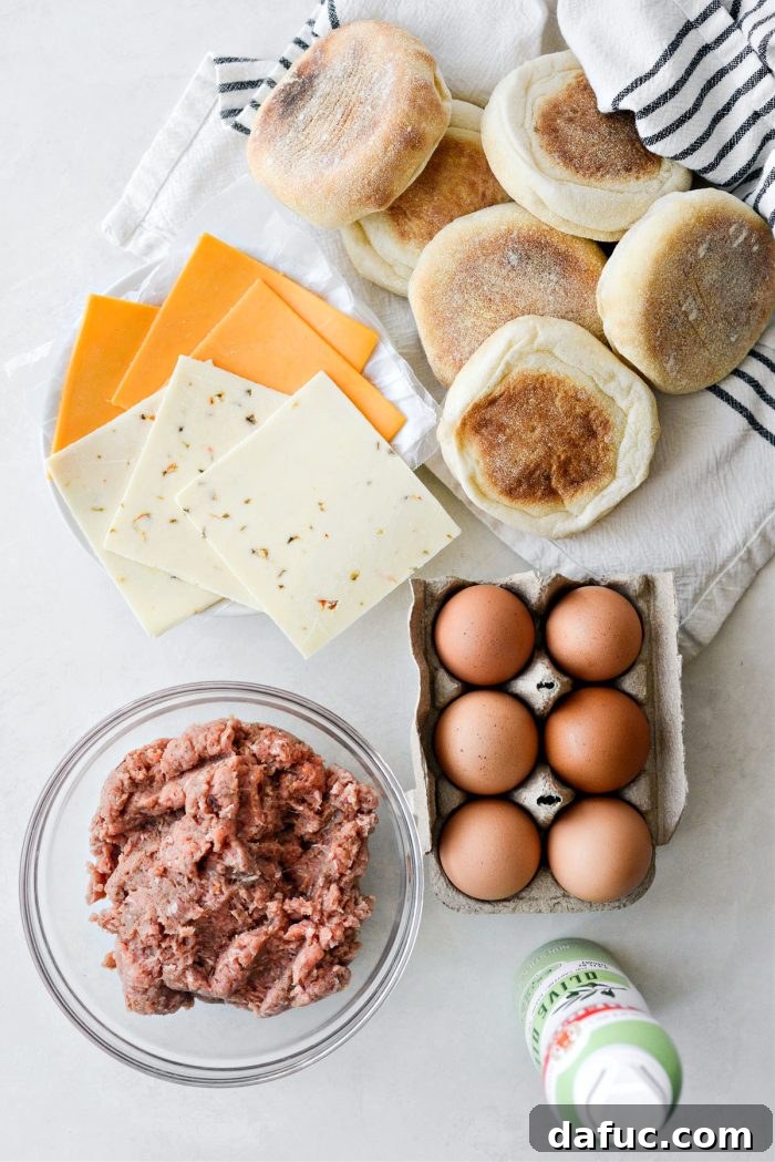 Hearty Sausage Egg and Cheese Breakfast Melts 3 Sausage Egg and Cheese Breakfast Sandwich ingredients laid out